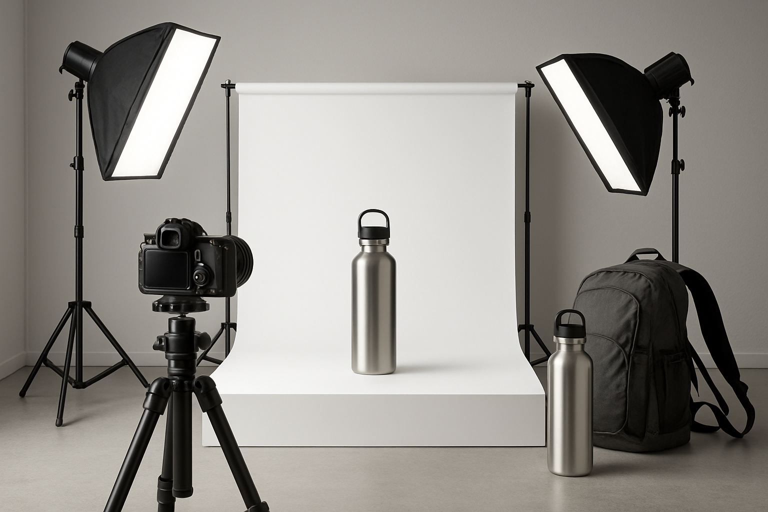 Photographer shooting a water bottle in a bright product studio