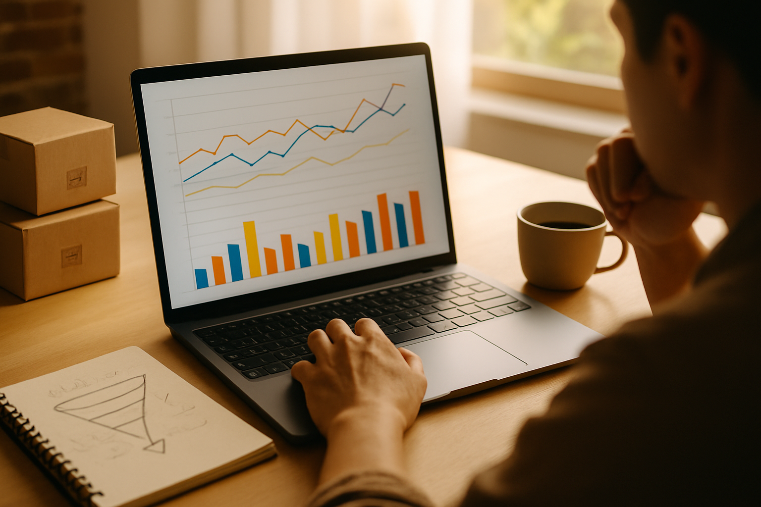 Seller studying sales charts on a laptop at a desk